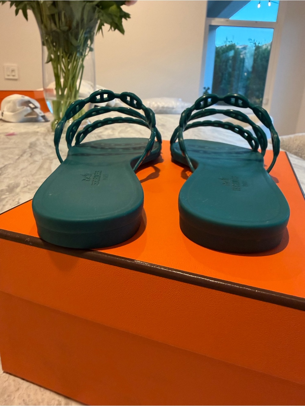 Hermès Rivage Teal Chain Strap Slides 37 - Picture 6 of 11